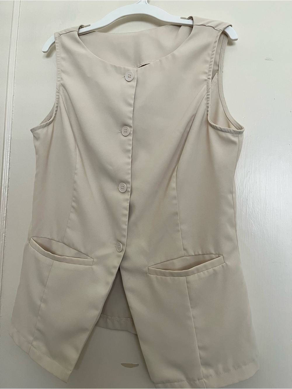 Tailored Sleeveless Button-Front Top in Light Beige